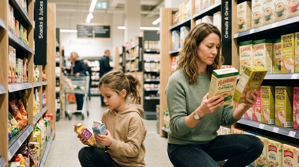 Genitore e bambina confrontano prodotti tra gli scaffali del supermercato