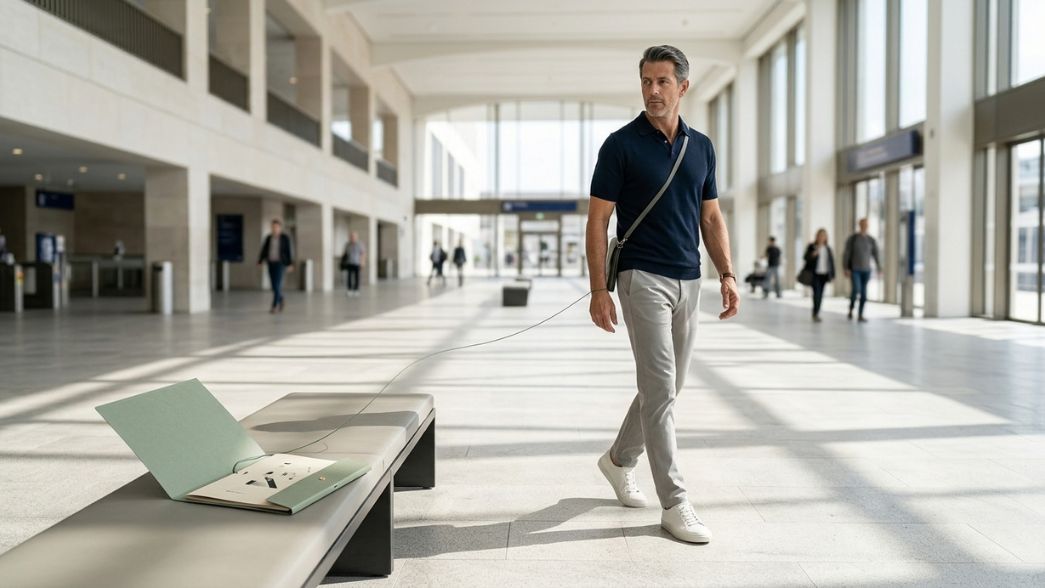 Un uomo si allontana mentre un quaderno resta collegato a lui da un filo, simbolo dei pensieri lasciati in sospeso