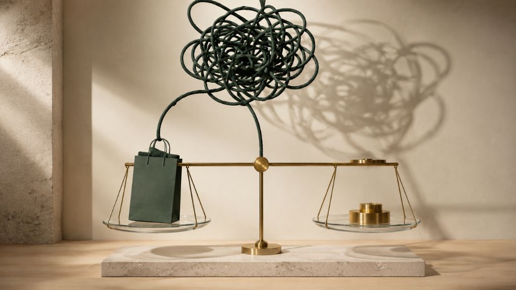 Bilancia con una borsa da acquisto e pesi dorati sotto un groviglio scuro, simbolo del senso di colpa dopo una spesa
