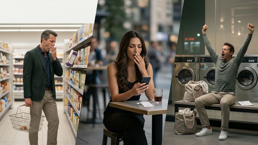 Tre scene mostrano persone stanche mentre fanno acquisti o prendono decisioni quotidiane