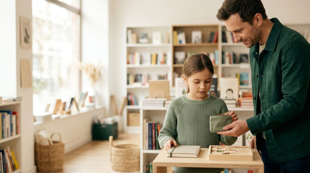 Un padre mostra un piccolo portamonete a una bambina, simbolo di autonomia e paghetta