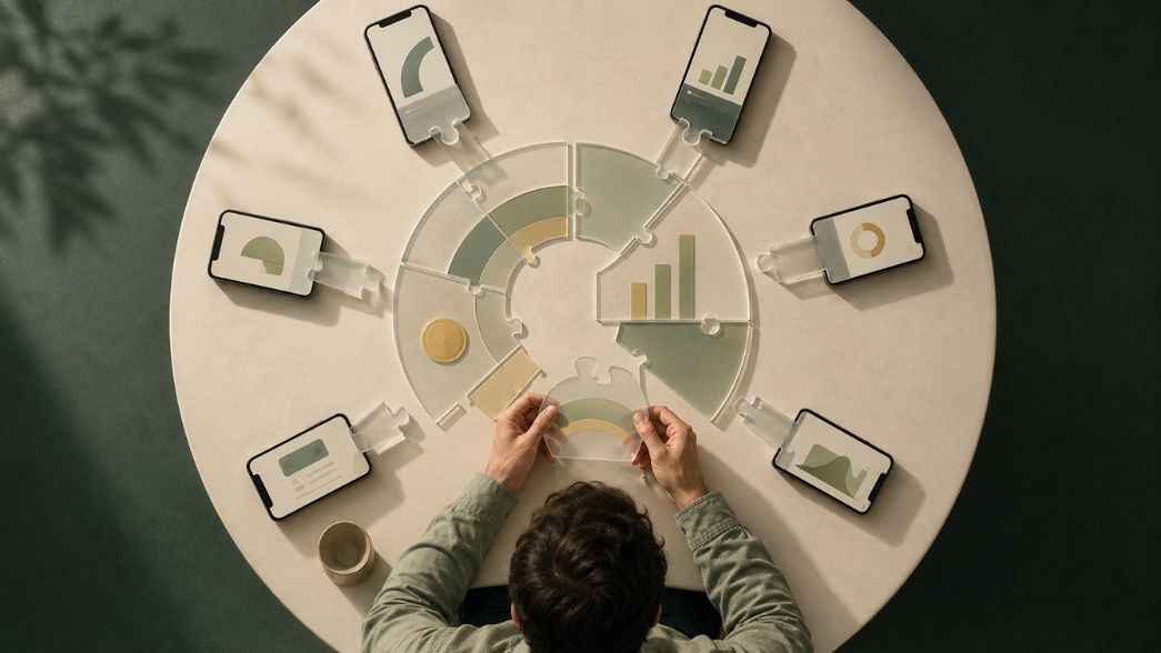 Persona davanti a più smartphone collegati a un puzzle trasparente di grafici finanziari