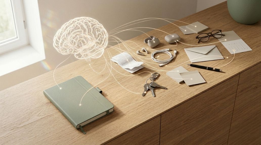 Oggetti quotidiani sparsi su una console con un quaderno, simbolo del sovraccarico mentale